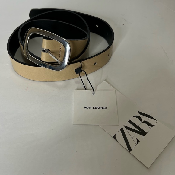 Zara Brown Taupe Beige Leather Belt Size 32 Womens Belt 100% Leather Cream New - Picture 6 of 14